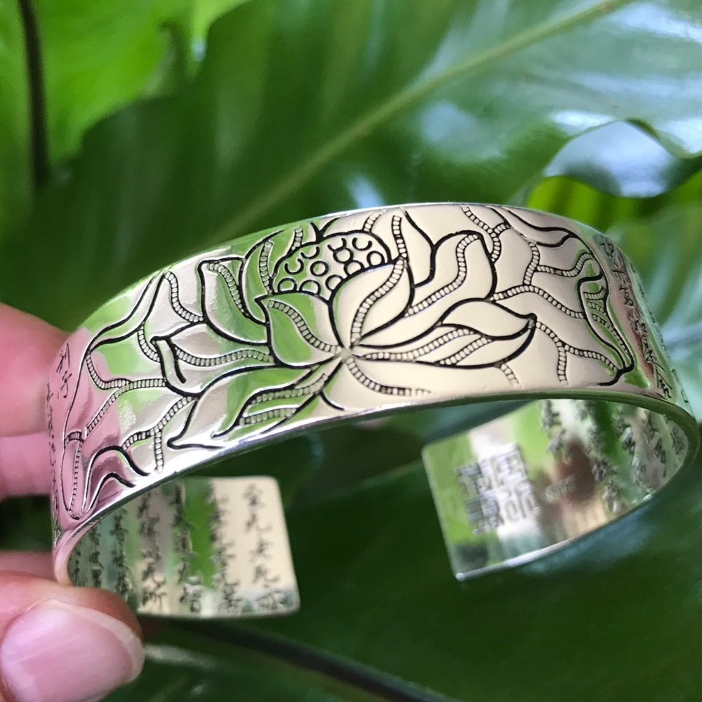 Lotus unisex wide cuff Silver bracelet